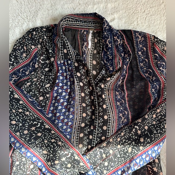 Free People Sheer Boho Patchwork Print Button-Up Blouse | Size S - Picture 4 of 7